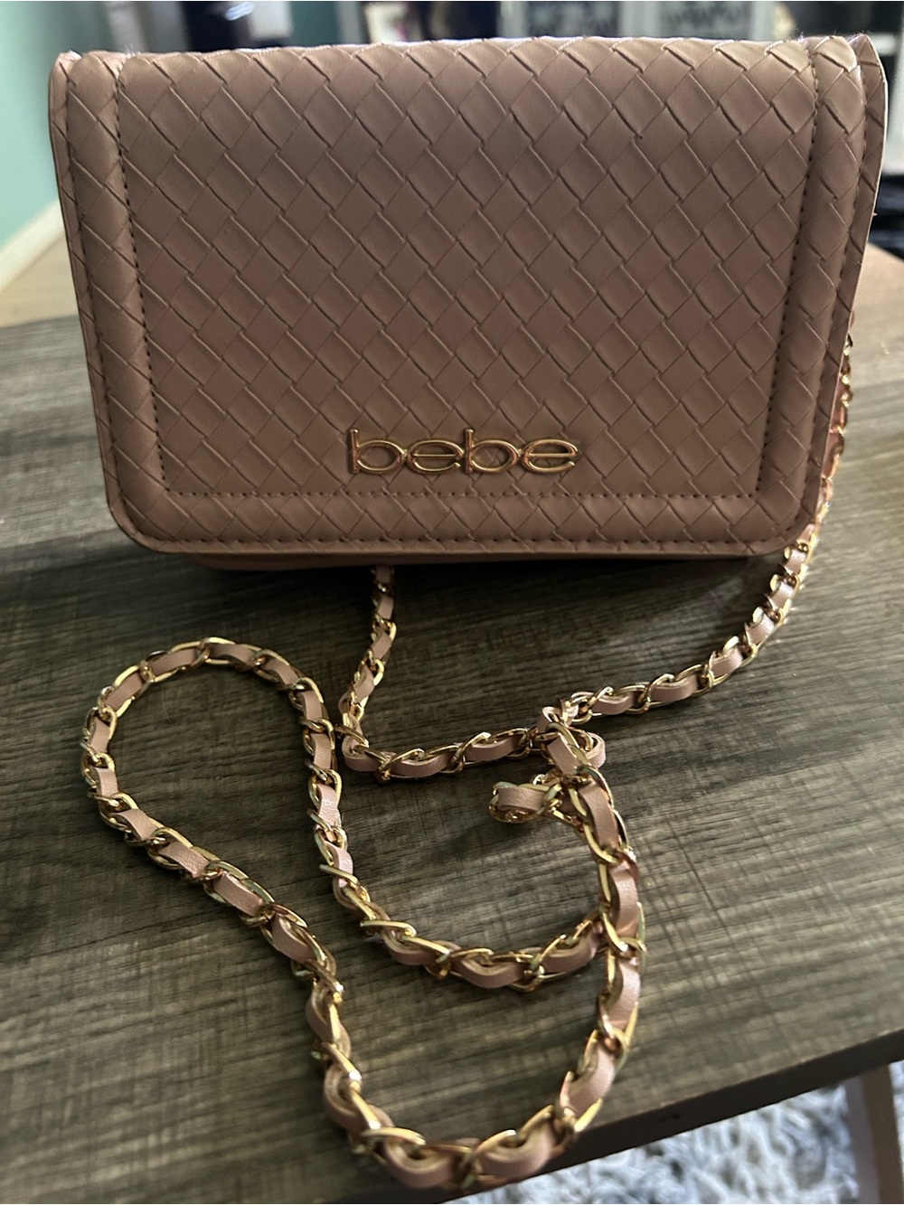 bebe Quilted Crossbody Bag in Mauve Blush with Gold Chain